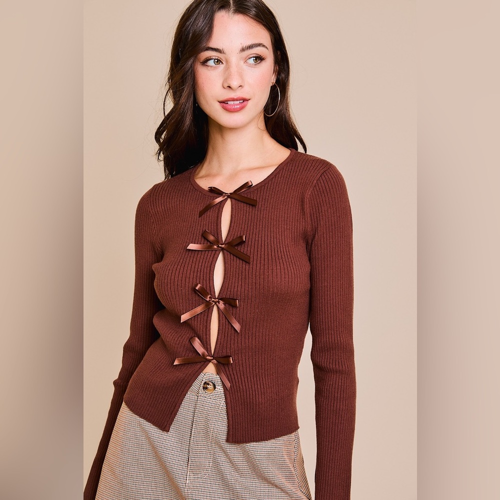 Satin Bow Cutout Knit Long Sleeve Top - Le Lis